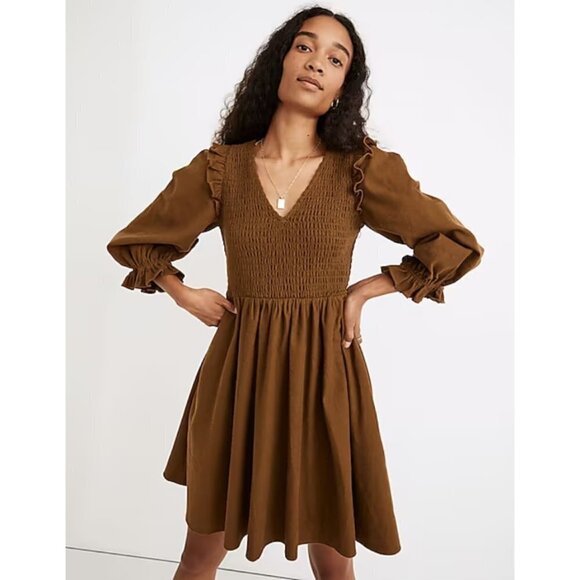 💕MADEWELL💕 Flannel Lucie V-Neck Smocked Mini Dress Weathered Olive Medium NWOT - Picture 2 of 15